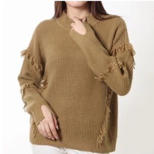 Michael Kors Fringe Trim Mock Neck Sweater Camel Brown Size XL NWT